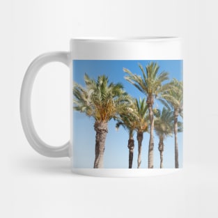 Row of tropical feeling palm trees against blue sky with luch green fronds. Mug